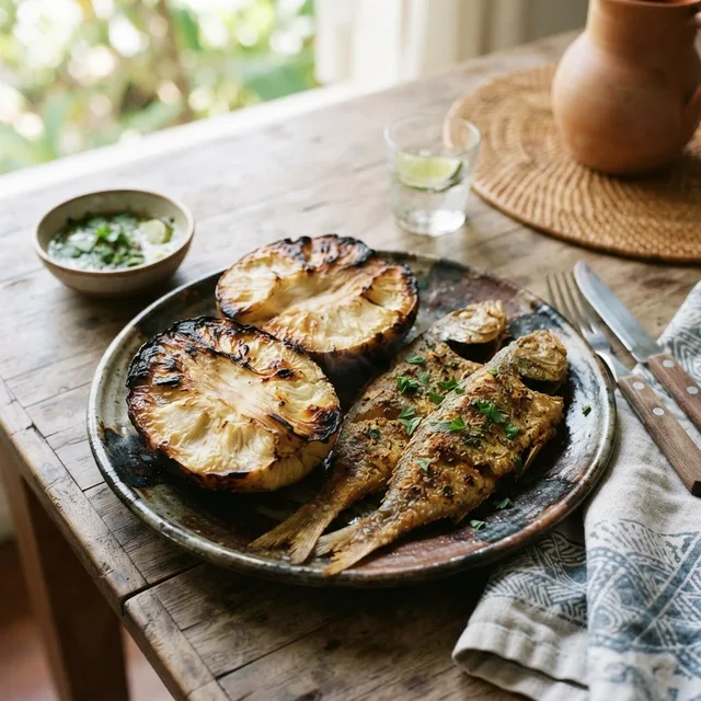 Roasted Breadfruit and Fried Jackfish
